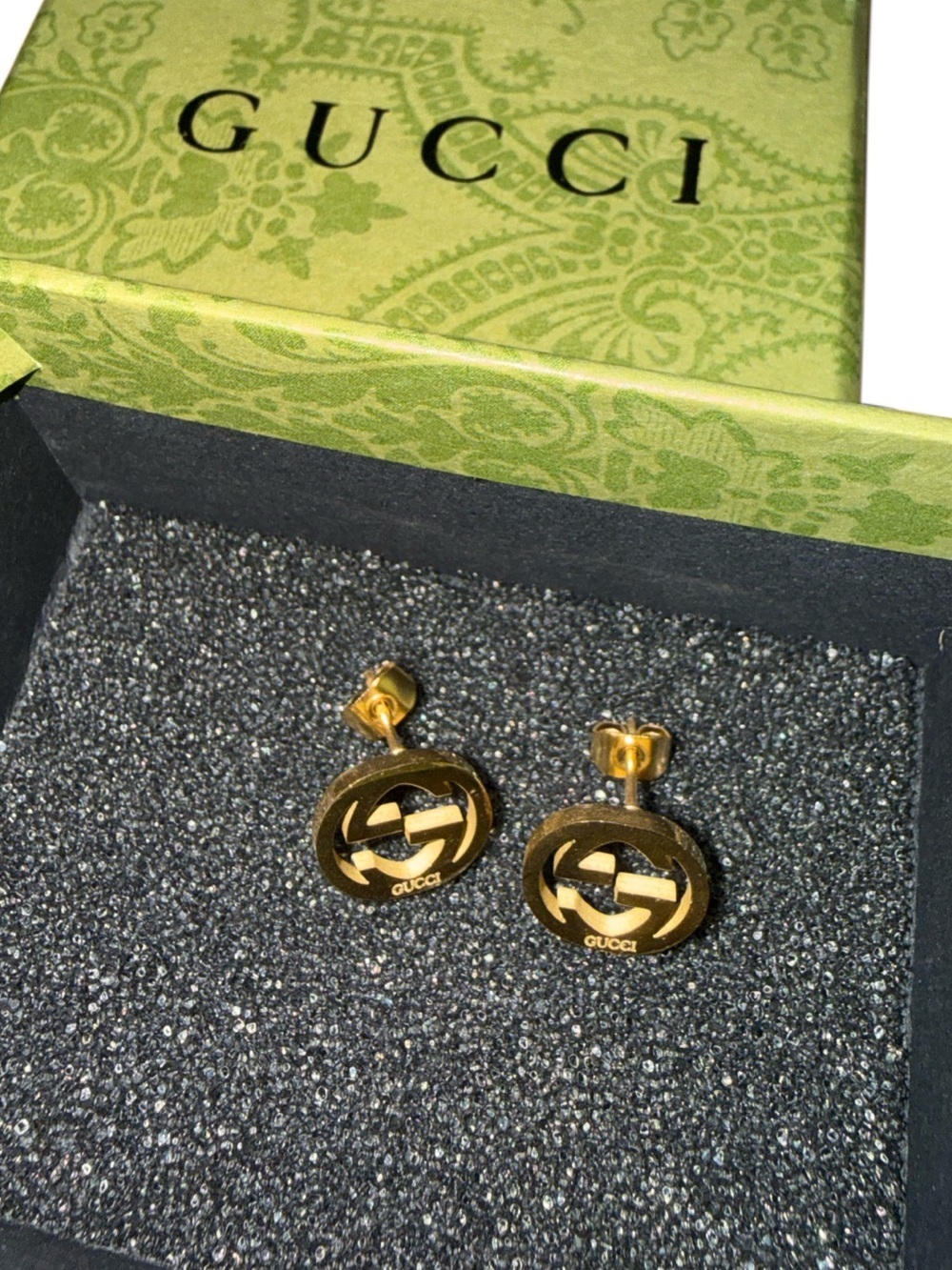 Gold Tone Double Circle Logo Stud Earrings With Gift Box